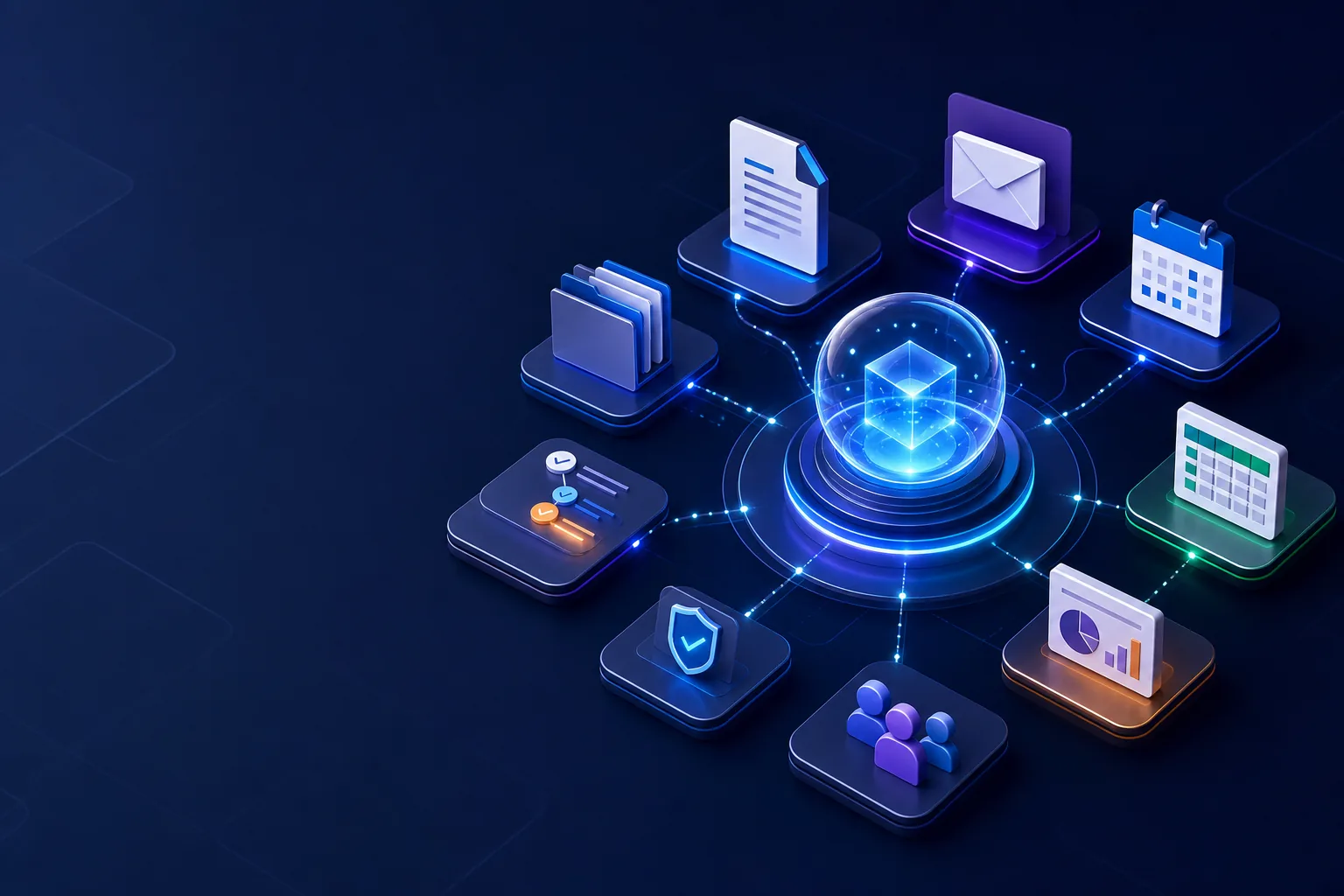Illustration of a Microsoft 365 Copilot agent connecting approved business knowledge, people and controlled workflows